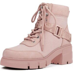 Women's Pink Combat Boots Chunky Lug Sole Ankle Boots Lace Up Buckle Casual